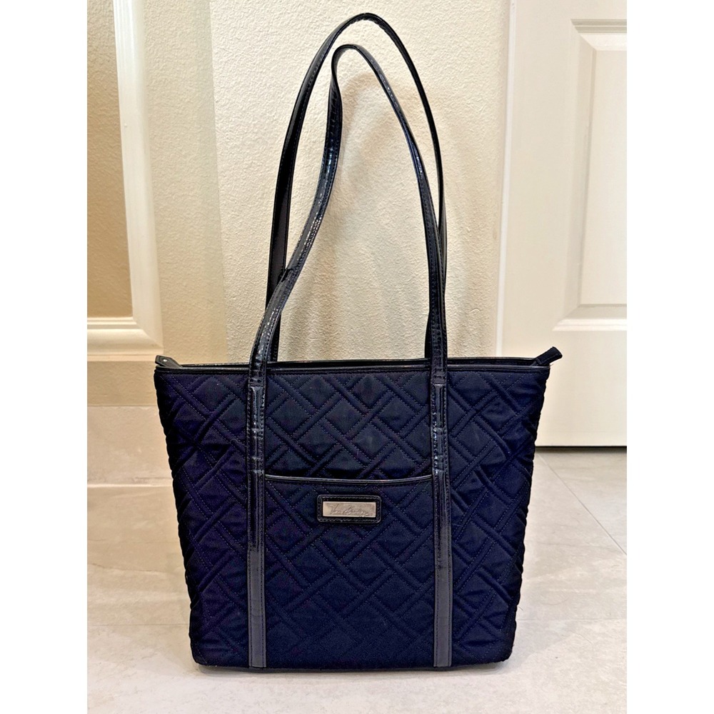 Vera Bradley Black Quilted Tote Shoulder Bag Zip Top Lined Inner/Outer Pockets
